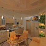Персиковая кухня с глянцевым потолком