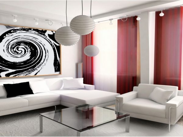 Белая гостиная в стиле хай тек со светлой мебелью и яркими акцентами