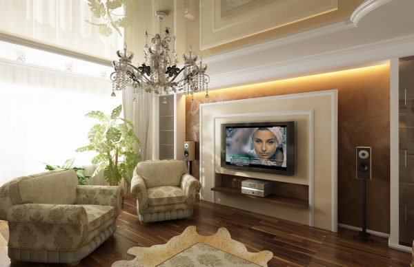Телевизор в интерьере гостиной в классическом стиле