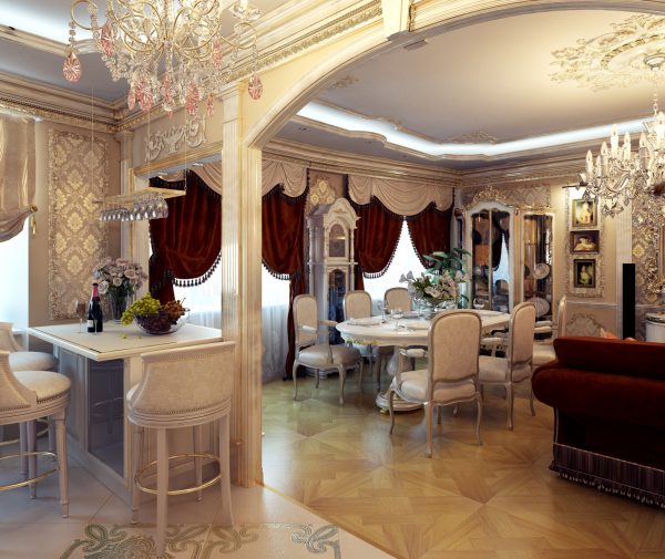 Интерьер гостиной в классическом стиле с зонированием