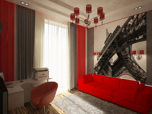 Красные шторы в гостиной в стиле хайтек