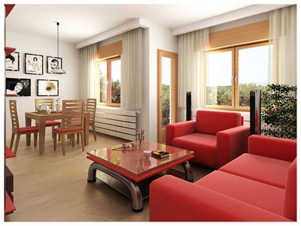Дизайн гостиной с красным диваном