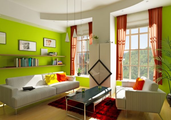 Зеленая гостиная с яркими аксессуарами