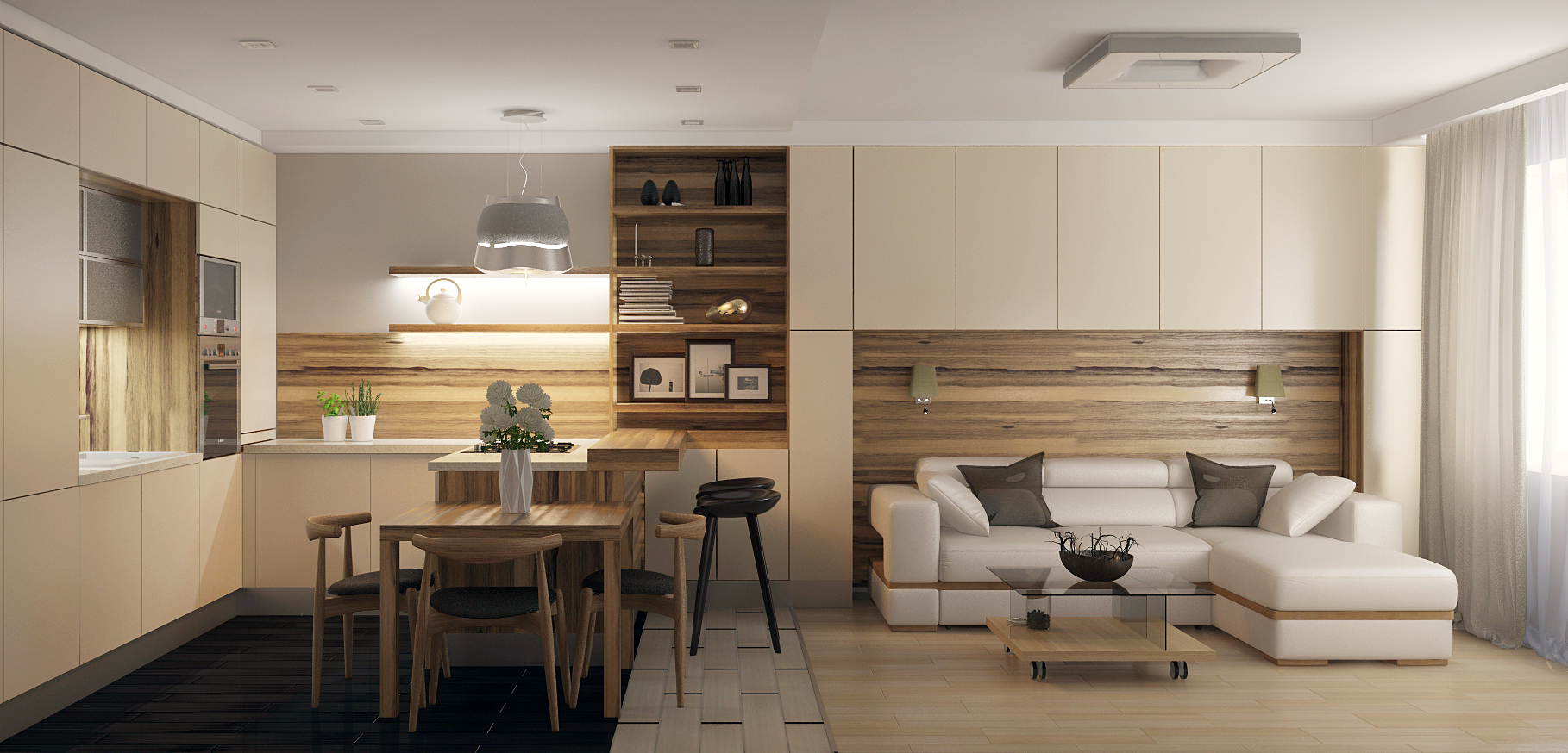 Дизайн интерьера: светлая кухня и гостиная с молдингами на стене