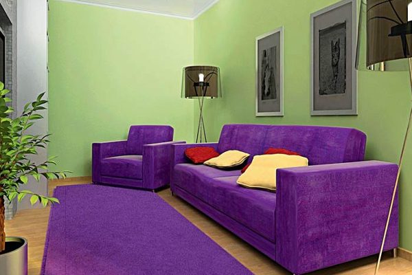 Фиолетовый диван в интерьере в гостиной — 50 фото примеров