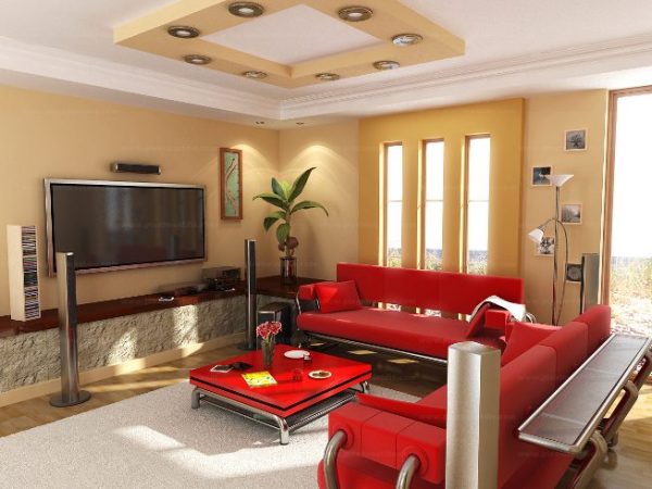Бежевая гостиная с красным диваном