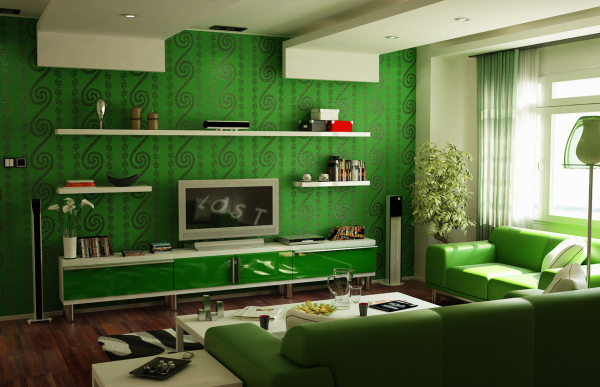 интерьер гостиной в зеленых тонах.