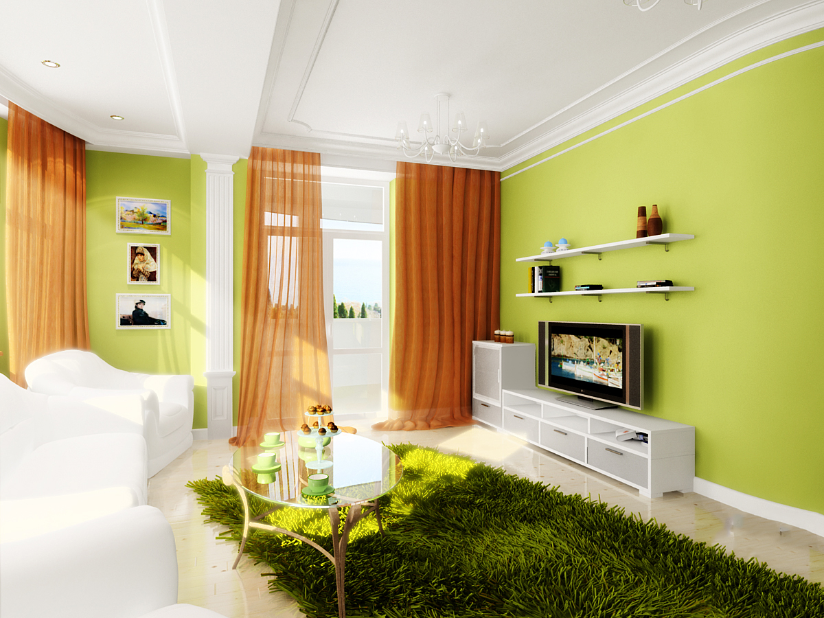 интерьер гостиной в бело зеленых тонах