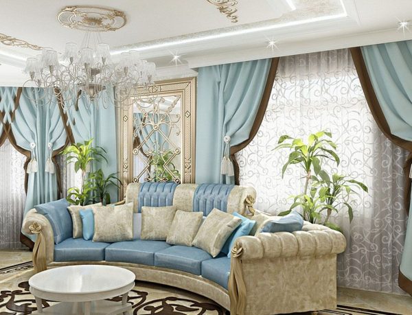 Голубой цвет в интерьере гостиной в стиле ар-деко