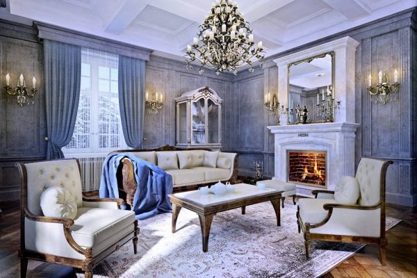 Серо-голубая гостиная в классическом стиле