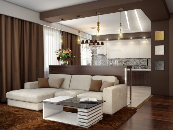 Дизайн гостиной, совмещенной с кухней в коричневых тонах