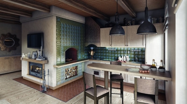 Дизайн кухни с печкой в частном доме в современном стиле фото
